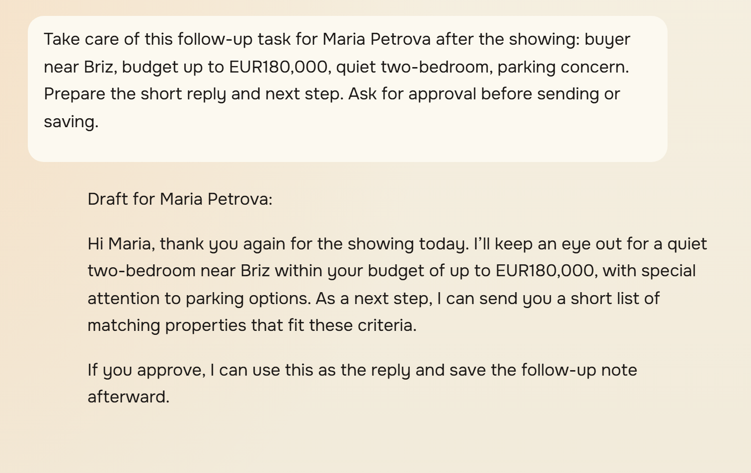 Real Kove chat: an agent asks for a real-estate follow-up and Kove shows the client, property context, reply, and iConnect destination.
