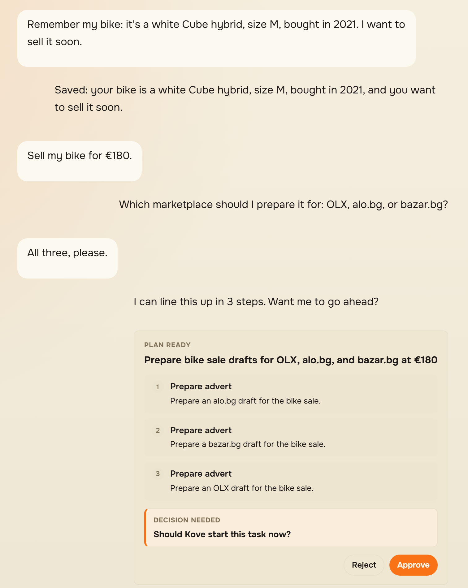 Real Kove chat: the user teaches Kove their bike, later asks "Sell my bike for €180", and Kove prepares a three-step marketplace plan that waits for approval.
