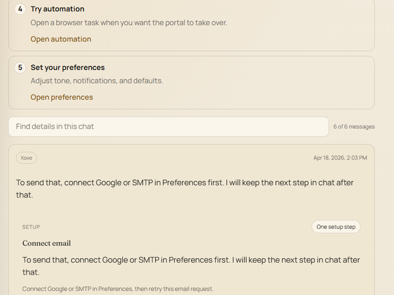 Kove haelt einen E-Mail-Handoff im Chat pruefbar, bis die Verbindung wirklich noetig ist.