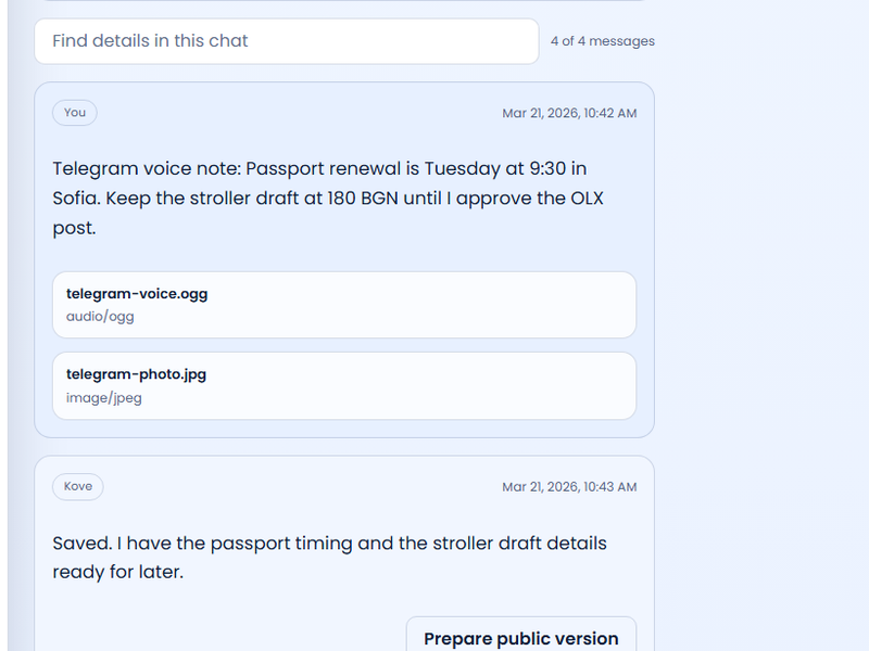 Sprachnotiz und Datei kommen im Kove-Chat an, bevor der Assistent sie ordnet.