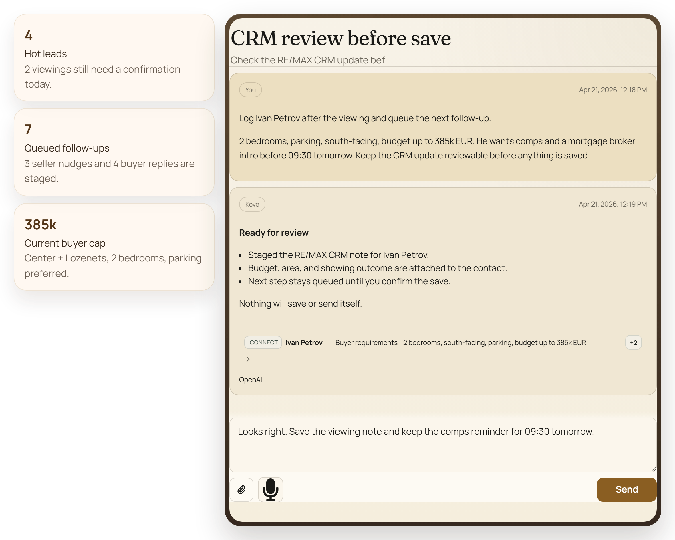 Kove chat staging an iConnect CRM update for a real-estate contact, with the assistant's reviewable action preview visible.