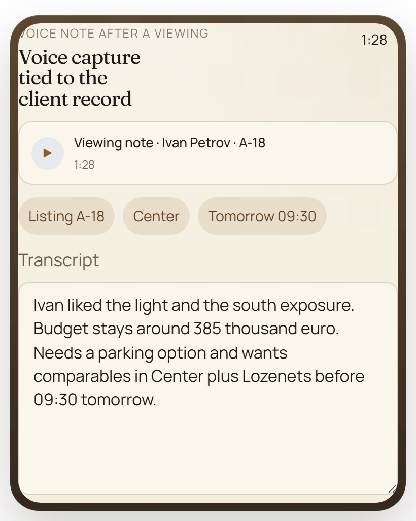 Kove voice capture view with an active recording and transcript tied to a real-estate client workflow.